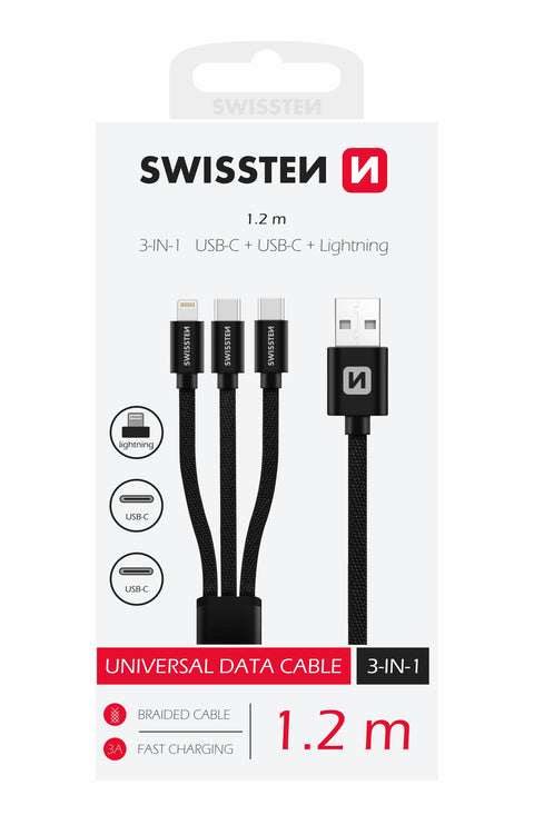 Swissten Textile 3-in-1 Data Cable - 72501103 - 1.2m - Black