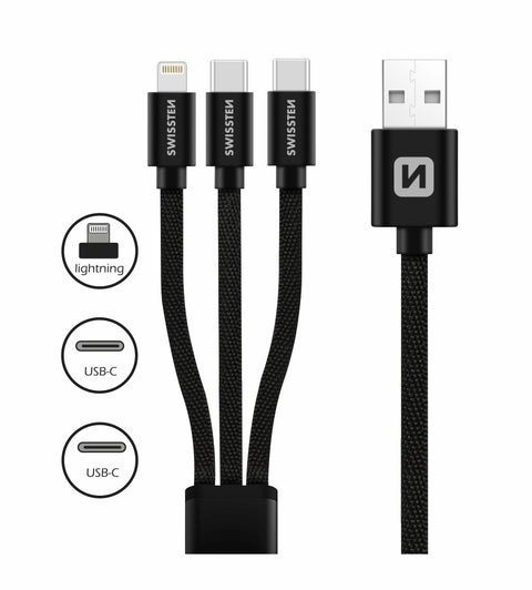 Swissten Textile 3-in-1 Data Cable - 72501103 - 1.2m - Black