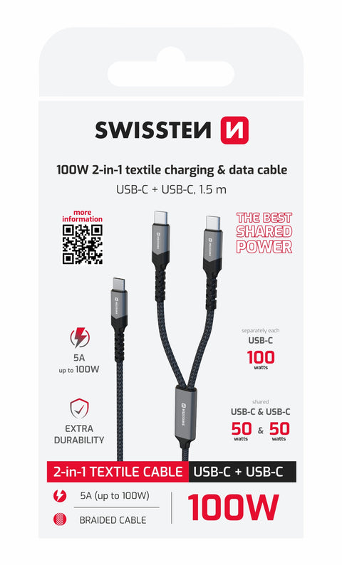 Swissten Textile 2-in-1 Dual USB-C Cable (100W) - 72501201 - 1.5 Meter