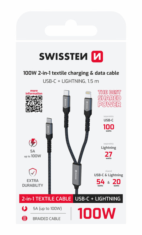 Swissten Textile 2-in-1 USB-C + Lightning Cable (100W) - 72501202 - 1.5 Meter