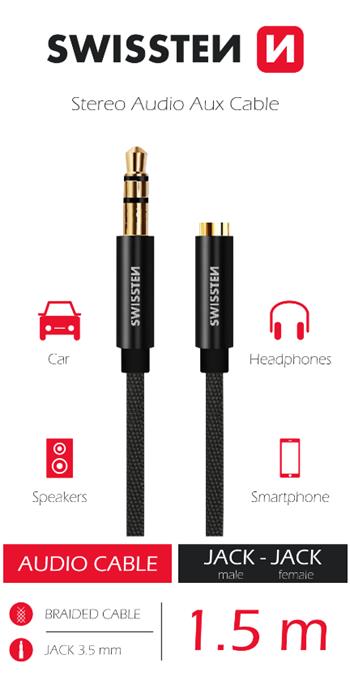 Swissten Textile 3.5mm (Male) To 3.5mm (Female) Cable - 73501102 - 1.5m - Black
