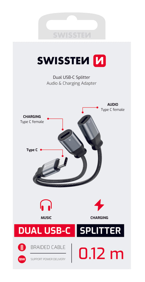 Swissten Textile Dual USB-C Charging Adapter - 0.12m - Black - 73502302 - 0.12m - Black
