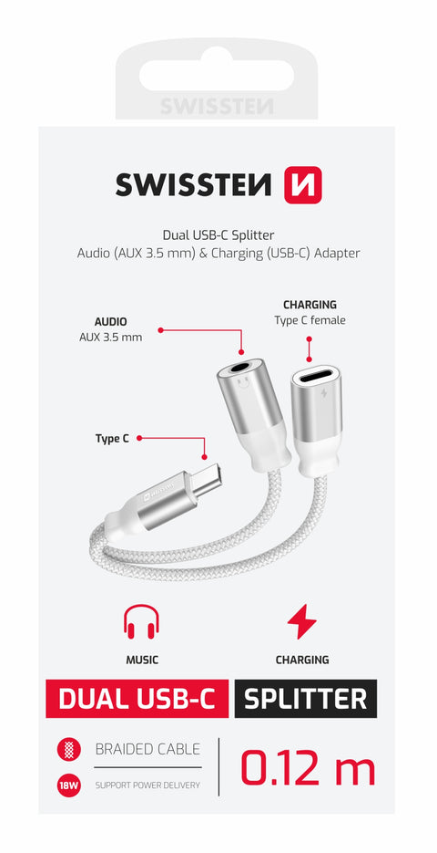 Swissten Textile USB-C Charging & 3.5mm Audio Adapter - 73502304 - 0.12m - White