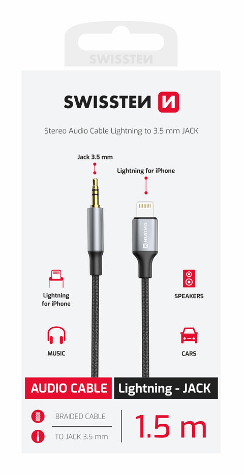 Swissten Textile 3.5mm Jack (Male) To Lightning Audio Adapter - 73502307 - 1.5 Meter - Black
