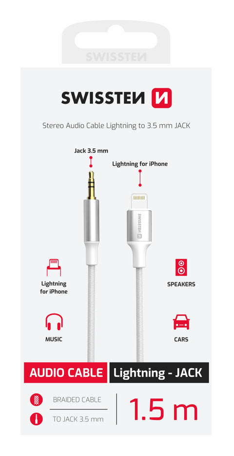 Swissten Textile 3.5mm Jack (Male) To Lightning Audio Adapter - 73502308 - 1.5 Meter - White