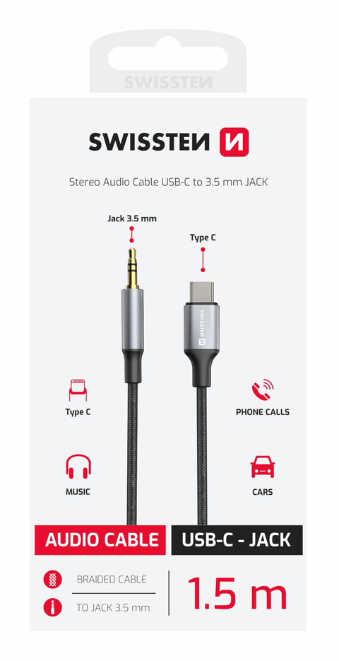 Swissten Textile 3.5mm Jack (Male) To USB-C Audio Adapter - 73502309 - 1.5 Meter - Black