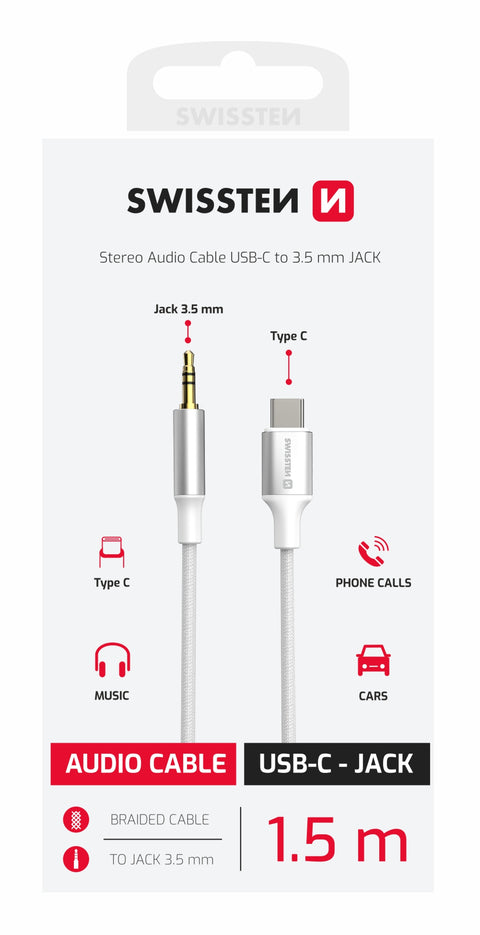 Swissten Textile 3.5mm Jack (Male) To USB-C Audio Adapter - 73502310 - 1.5 Meter - White