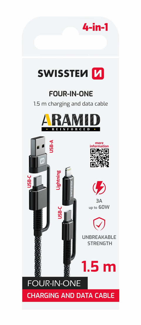 Swissten Aramid Reinforced 4-in-1 Data Cable - 74501101 - 1.5m - Grey