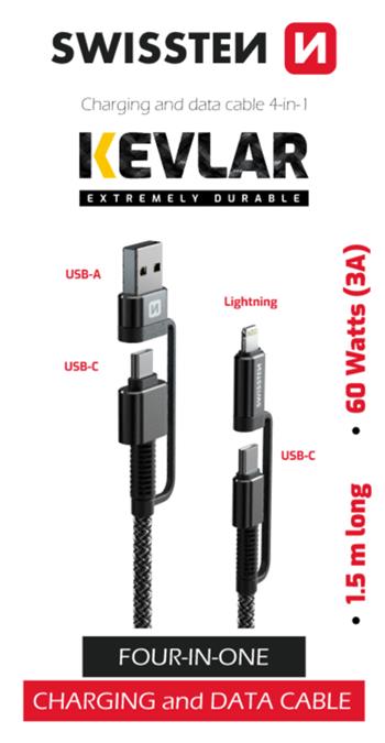 Swissten Kevlar 4-in-1 Data Cable - 74501101 - 1.5m - Grey