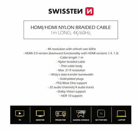 Swissten 4K 60Hz HDMI Cable - 75501101 - 1 meter