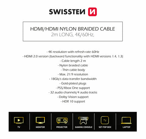 Swissten 4K 60Hz HDMI Cable - 75501102 - 2 meter