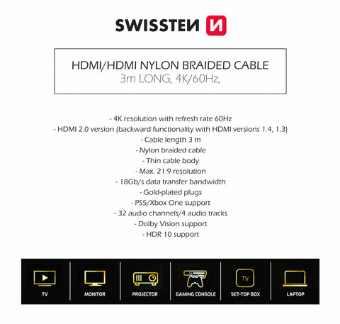 Swissten 4K 60Hz HDMI Cable - 75501103 - 3 meter