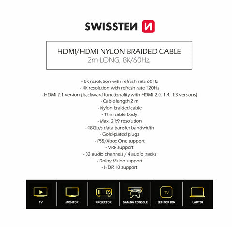 Swissten 8K 60Hz HDMI Cable - 75501201 - 2 meter