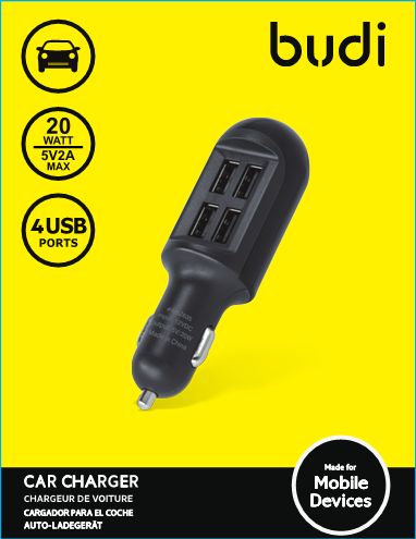 Budi 4 USB Car Charger With LED Indicator - Black