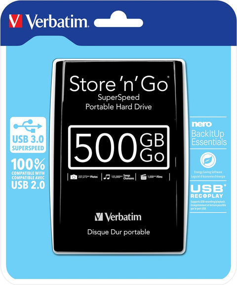 Verbatim 53029 Store 'n' Go USB 3.0 Portable Hard Drive 500GB Black