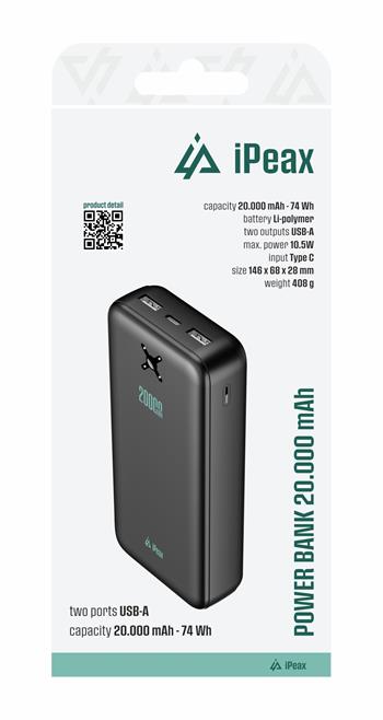 iPeax 10.5W Dual USB-A Powerbank - 90010119 - 20.000 mAh - Black