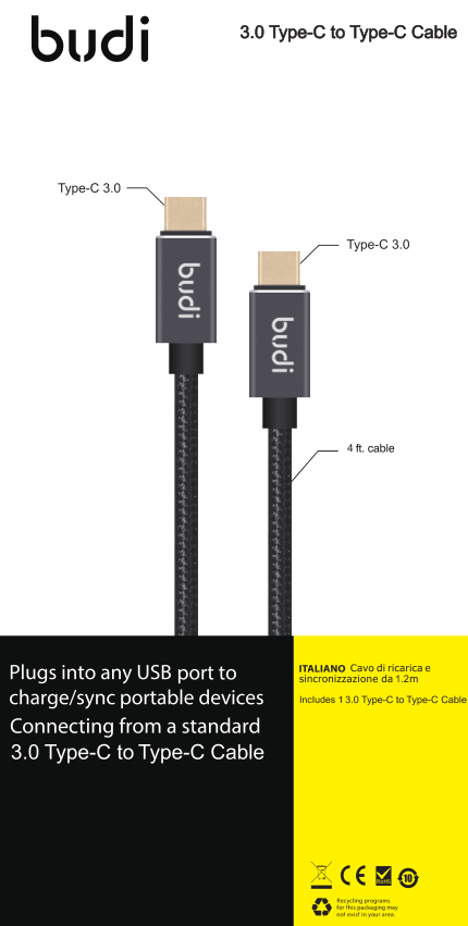 Budi Type-C To Type-C Cable - Gold Plating Connector