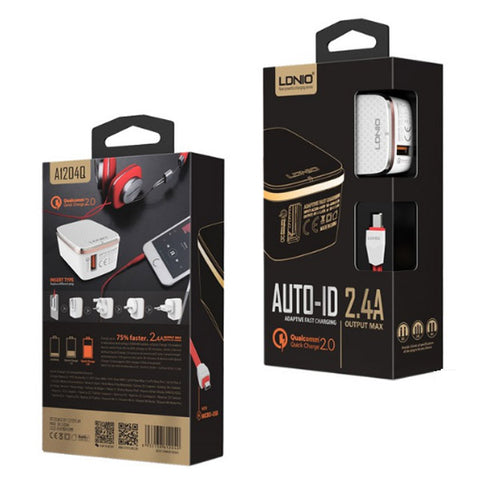 LDNIO - 1 USB Plug 2.4A Fast Charger + Lightning USB Cable - EU/UK  Power Socket - A1204Q