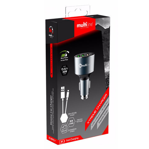 Multiline Xtreme 3-Port Car Charger - 6.6A / 36W - incl. Micro USB Cable  - MW73Q