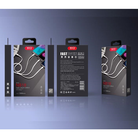 XO 3 in 1 Charge USB Charge Cable - Micro, Lightning and Type-C Connectors incl. - NB18 - Silver