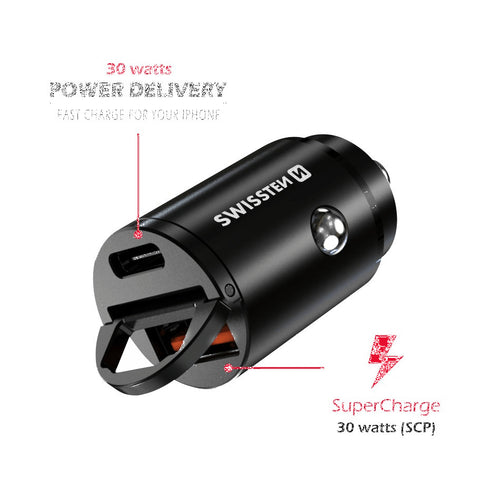 Swissten Power Delivery Car Adapter (30W) - 20111770 - With USB-A & USB-C Port