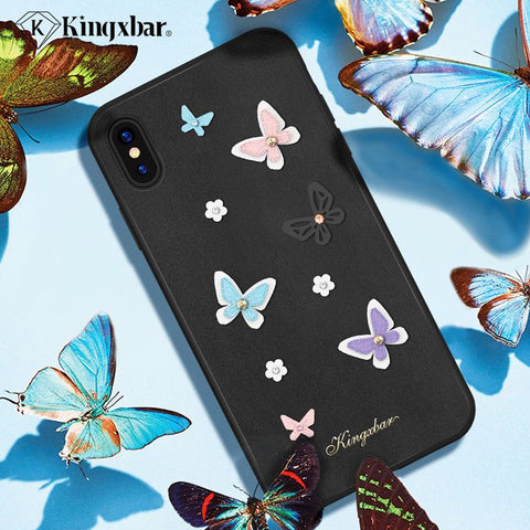 Kingxbar Apple iPhone XR - 3D Crystals PU Leather Case - Butterfly Black