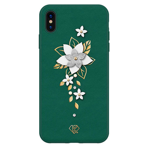Kingxbar Apple iPhone X/XS - 3D Crystals PU Leather Case - Flower Green