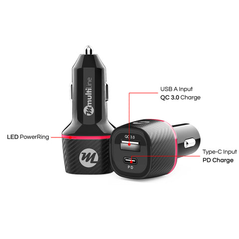 Multiline HyPower 2 Port PD Fast Car Charger 30W - USB A + USB C - MW80Q