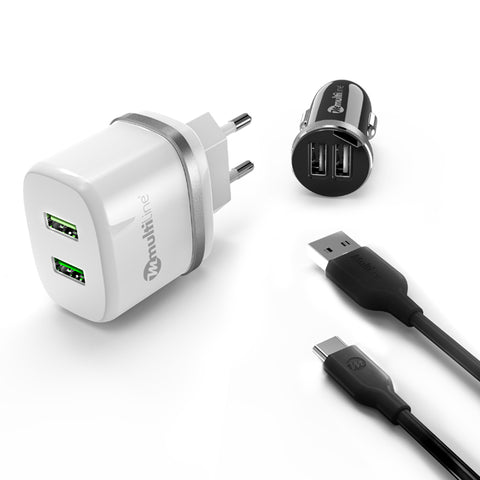 Multiline Powerkit 2.4A/2.1A - Car + Travel Charger incl. Type-C USB Cable - MW6070E
