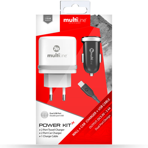 Multiline Powerkit 2.4A/2.1A - Car + Travel Charger incl. Type-C USB Cable - MW6070E