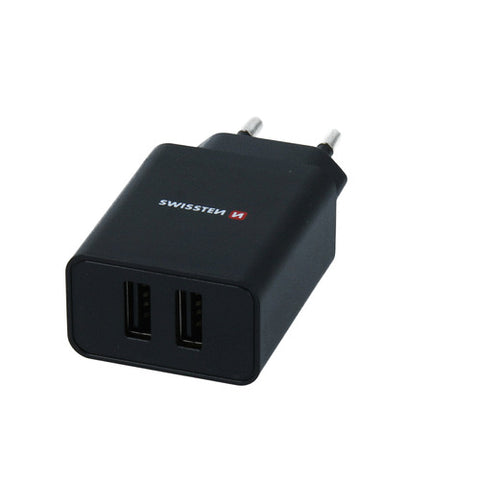 Swissten 2.1A Dual Port Travel Charger (10.5W) - 22056000 + MFI Lightning USB Cable - Black