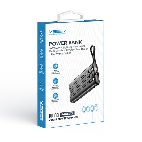 Veger (C10) Fast Charging Powerbank Built-in 4 Cables - 10.000mAh - Black