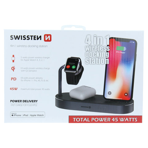 Swissten 4 In 1 Draadloze Oplader - Mfi Docking Station 45 Watt Opladers