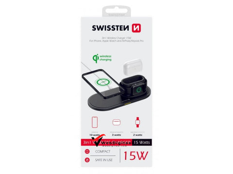 Swissten Draadloze Oplader - 3 In 1 Voor Iphone/airpods/iwatch 15W Opladers